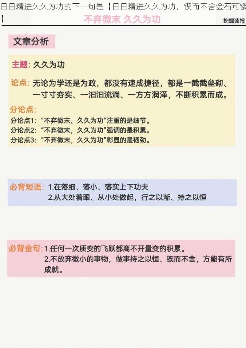 日日精进久久为功的下一句是【日日精进久久为功，锲而不舍金石可镂】