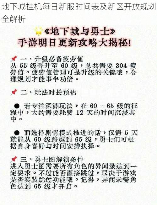 地下城挂机每日新服时间表及新区开放规划全解析