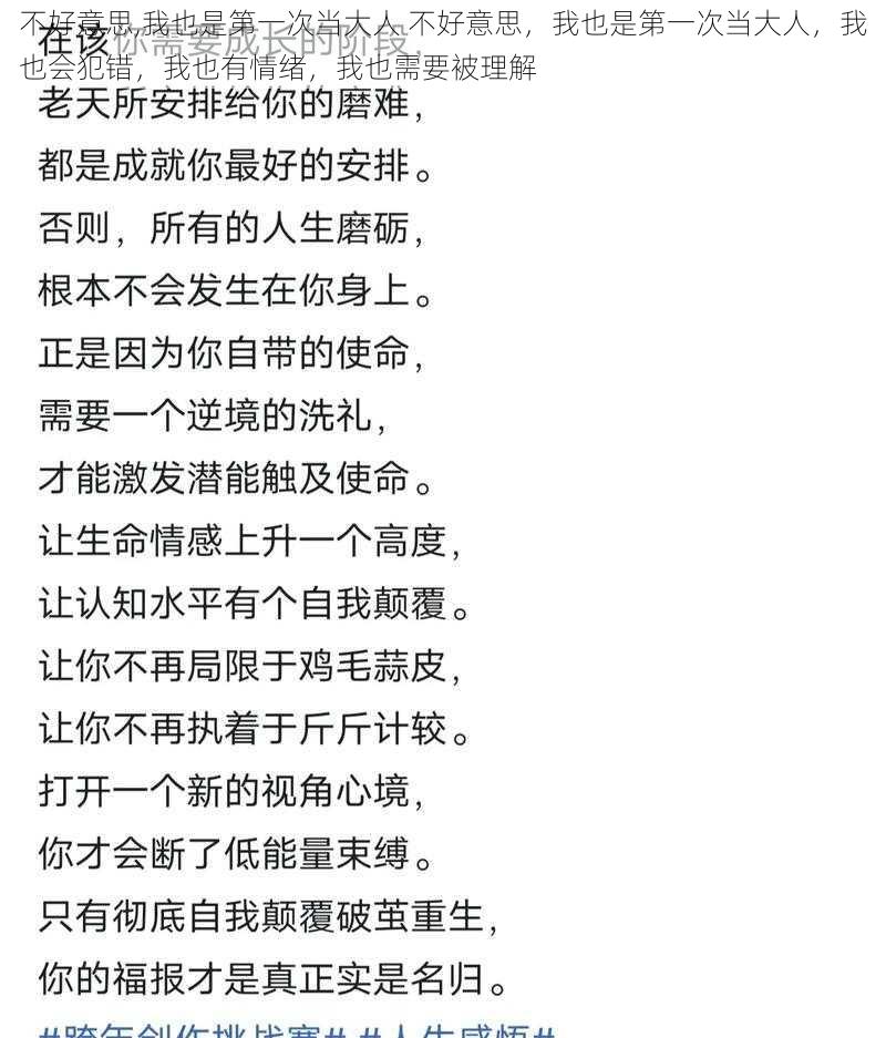 不好意思,我也是第一次当大人 不好意思，我也是第一次当大人，我也会犯错，我也有情绪，我也需要被理解