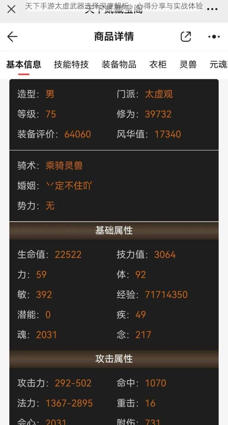 天下手游太虚武器选择深度解析：心得分享与实战体验